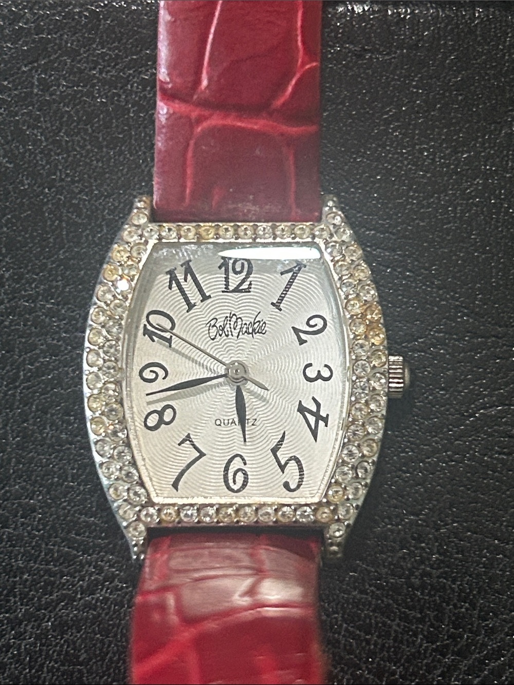 Bob Mackie Red Strap Crystal Bezel Women's Watch